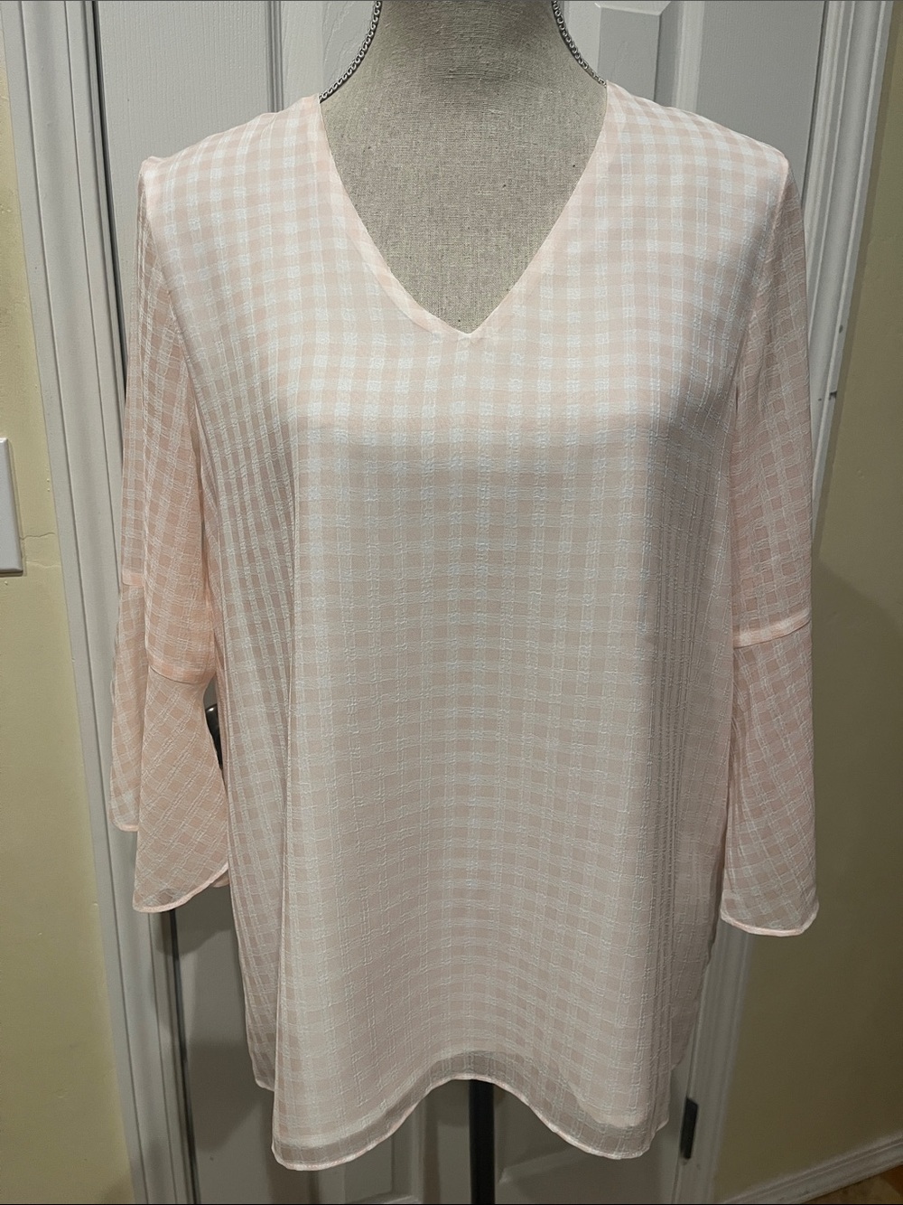 Calvin Klein Light Pink and White Checked Sheer V-Neck Blouse